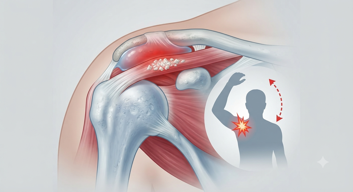 Ilustrație medicală detaliată a umorului uman care evidențiază sindromul de impingement și tendința calcifiantă, prezentând depozite de calciu pe tendon și inflamație în zona subacromială.