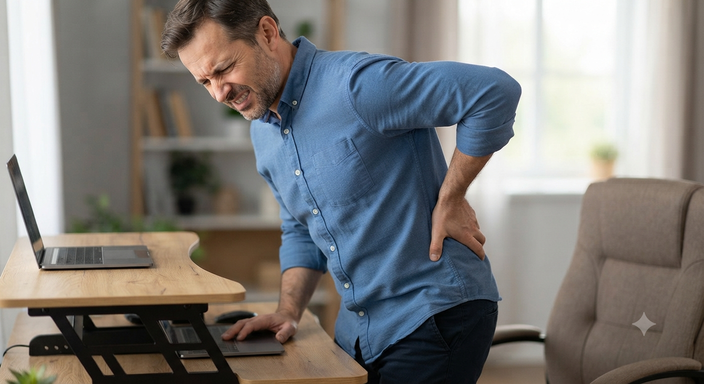 Bărbat suferind de dureri lombare severe, ținându-se de spate în timp ce încearcă să lucreze la un birou ergonomic
