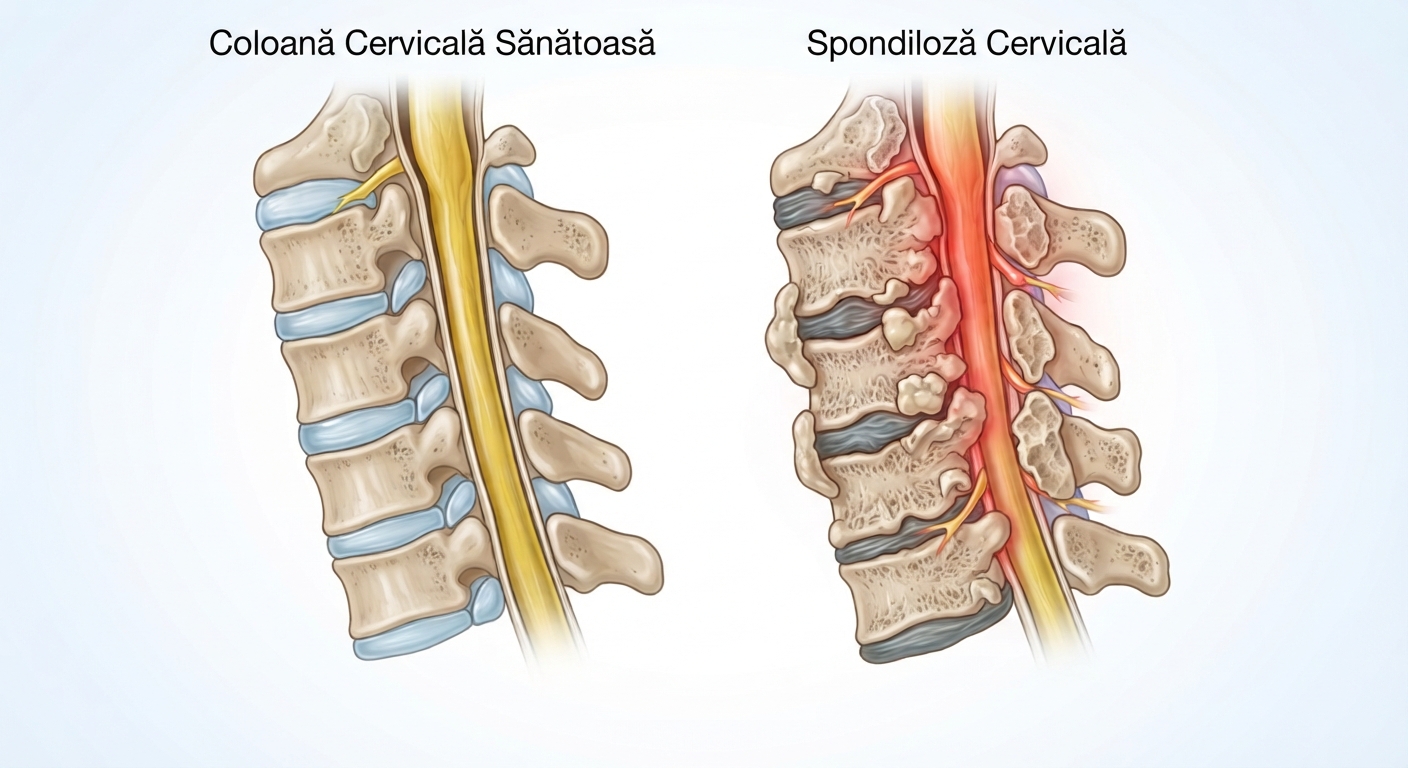 Ilustrație medicală comparativă detaliată a coloanei cervicale, arătând un segment sănătos versus unul afectat de spondiloză, cu osteofite și degenerarea discului.