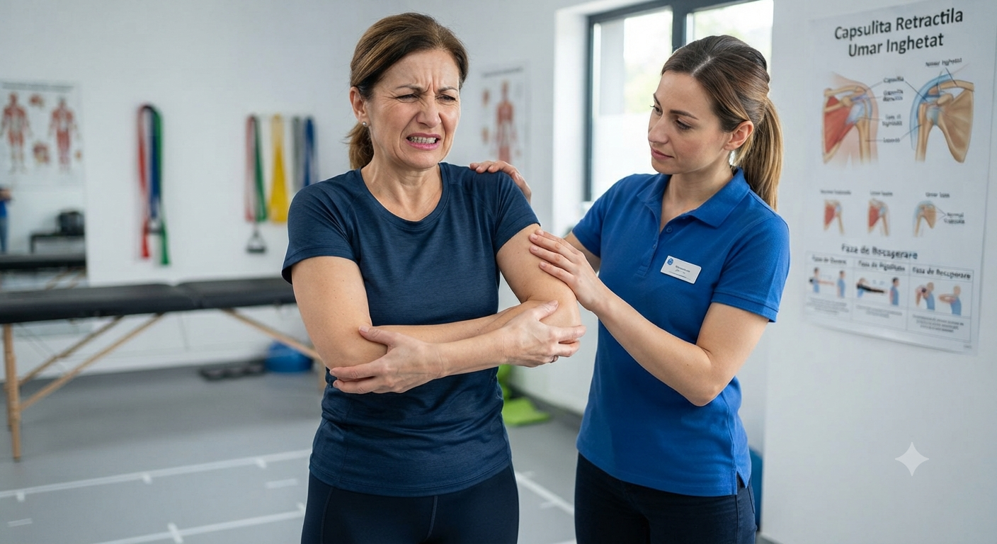 O pacientă cu capsulită retractilă (umăr înghețat) resimte durere în timp ce este consultată de un kinetoterapeut într-o clinică.