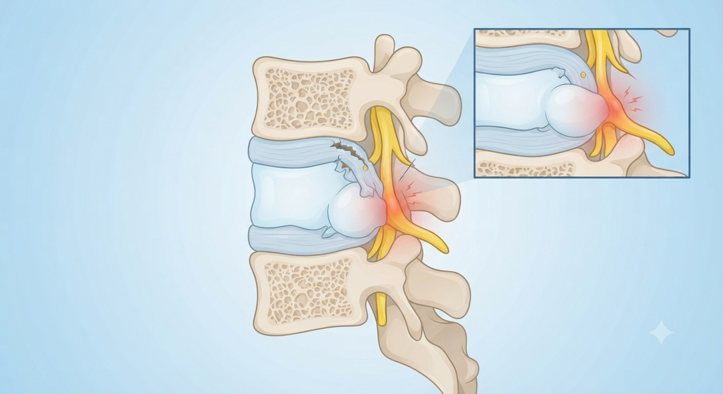 Ilustrație medicală detaliată a unei hernii de disc lombare care comprimă o rădăcină nervoasă, provocând inflamație și iritație.