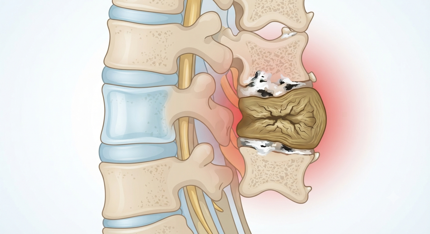 Ilustrație medicală comparativă a coloanei vertebrale lombare, arătând un disc intervertebral sănătos în contrast cu unul degenerat (discopatie).