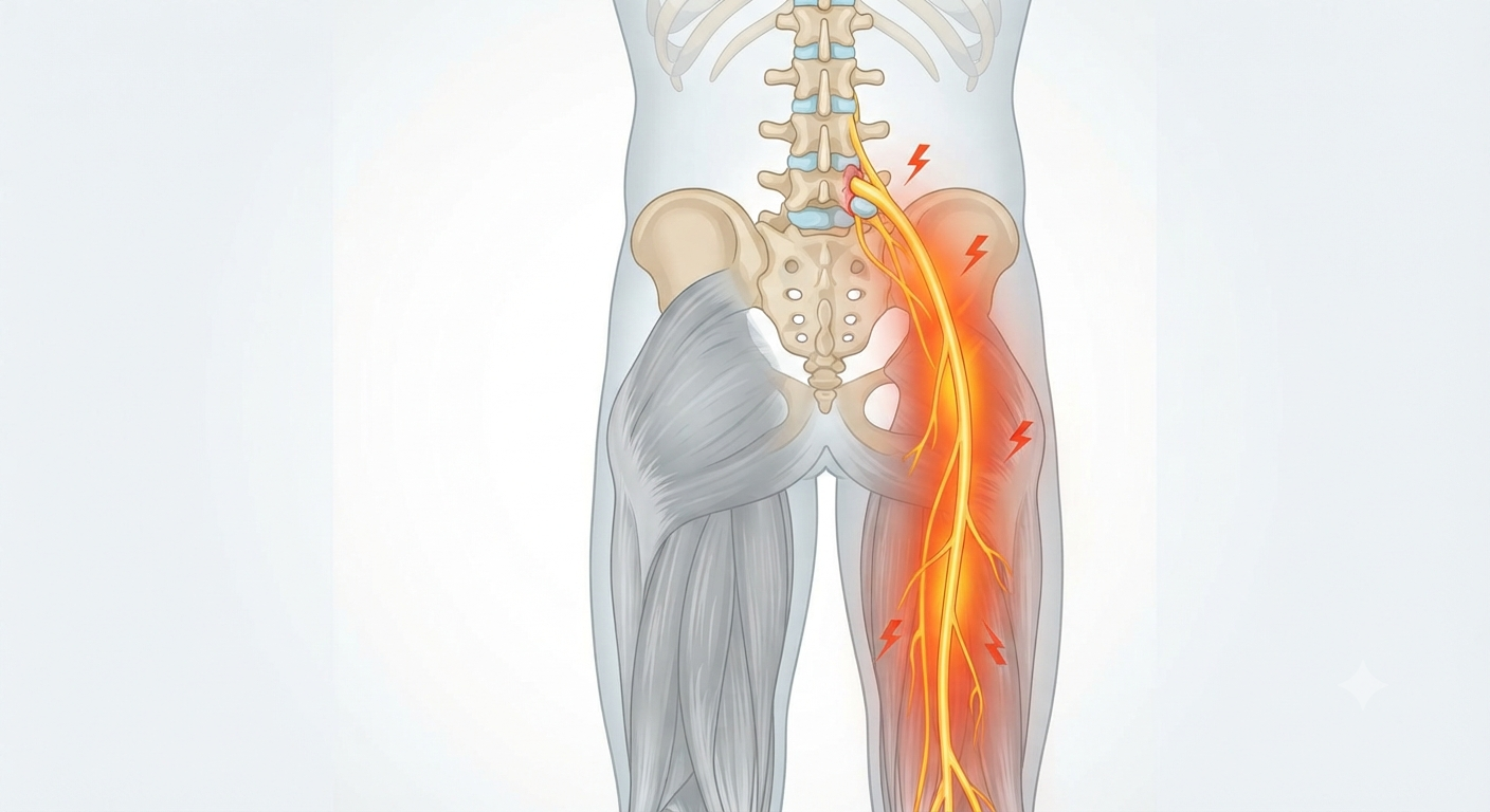Ilustrație medicală anatomică a coloanei lombare și a membrului inferior drept, evidențiind comprimarea nervului sciatic și calea durerii iradiate (lombosciatică).