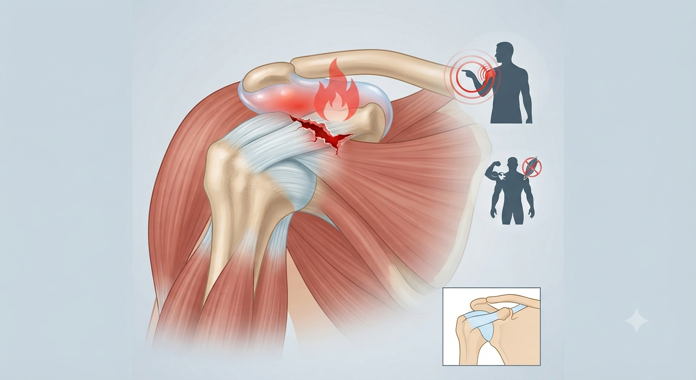 Ilustrație medicală detaliată a unei leziuni a coafei rotatorilor, evidențiind o ruptură a tendonului supraspinos, cu simboluri de durere și slăbiciune musculară, pe un fundal gri deschis.